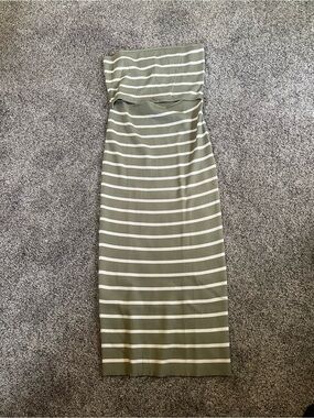 Olive Green and White Strapless Midi Dress